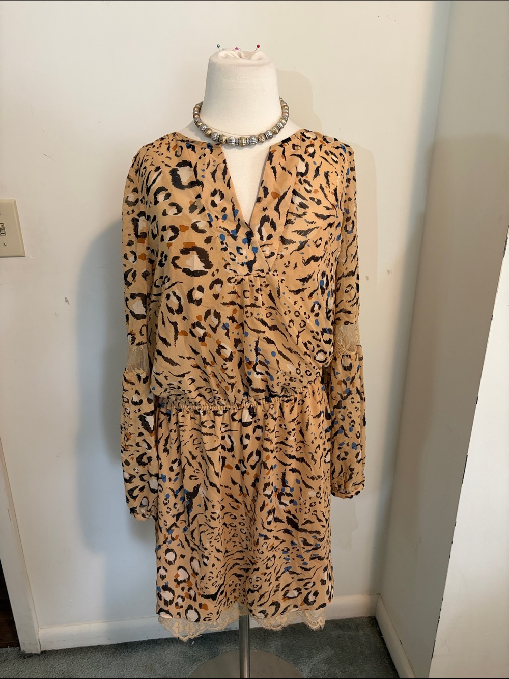 White House Black Market Leopard-Print Long Sleeve Dress in Tan and Black